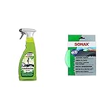 SONAX ScheibenStar (750 ml) kraftvoller Reiniger für Fahrzeugscheiben und Spiegelflächen & MicrofaserPflegePad (1 Stück) für gleichmäßiges Auftragen von Kunststoffpflegemitteln im Innenraum